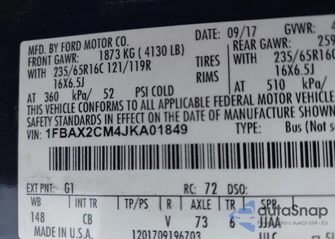 2018 Ford Transit-350 Xlt из США, поврежденный, VIN 1FBAX2CM4JKA01849